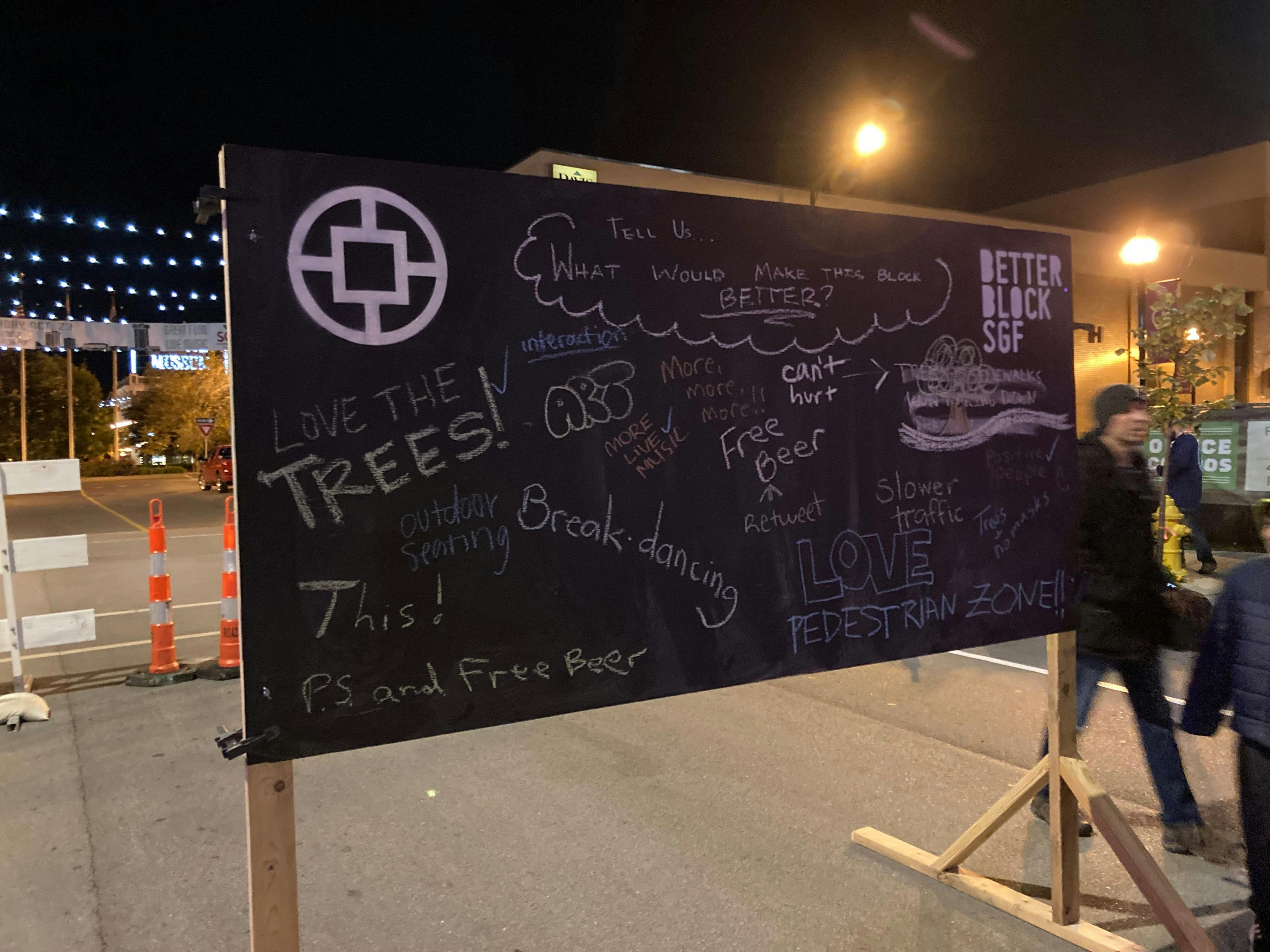Image of a chalk board with "Love the trees!" messaging on South Avenue.