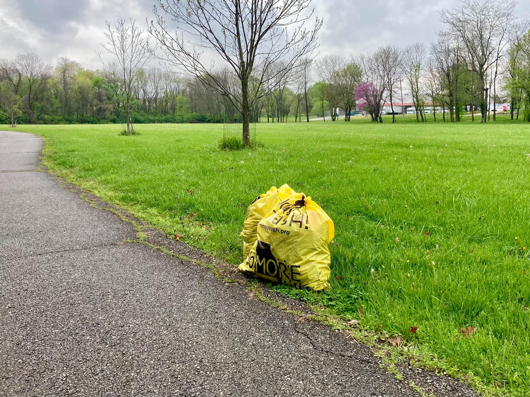 Image of trash in a bag on the side of a paved walkway.